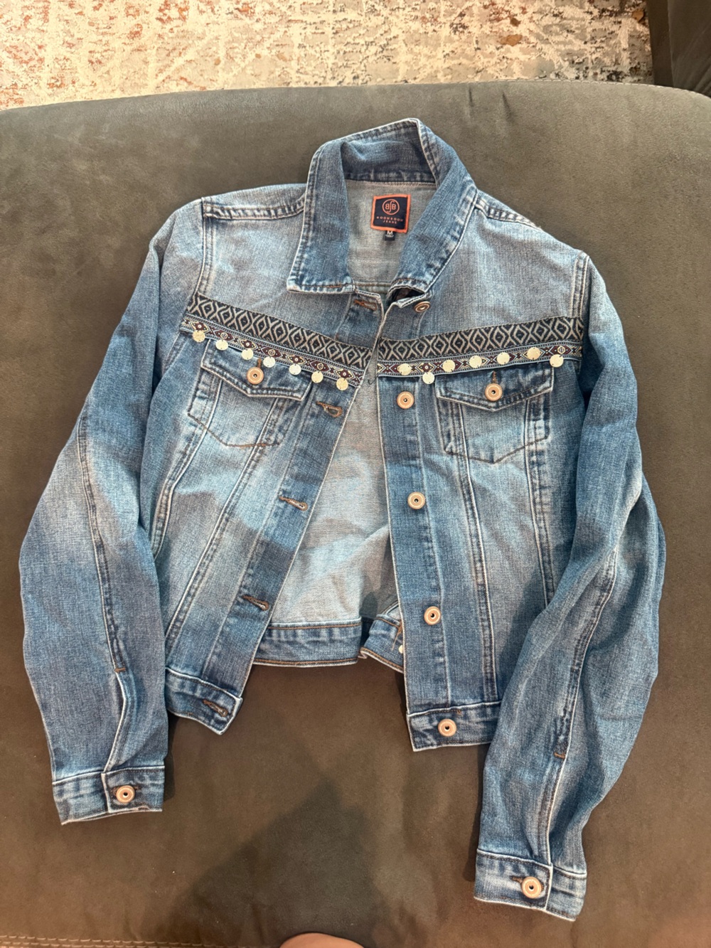 Boom Boom Jeans Light Blue Denim Jacket with Embroidered Trim